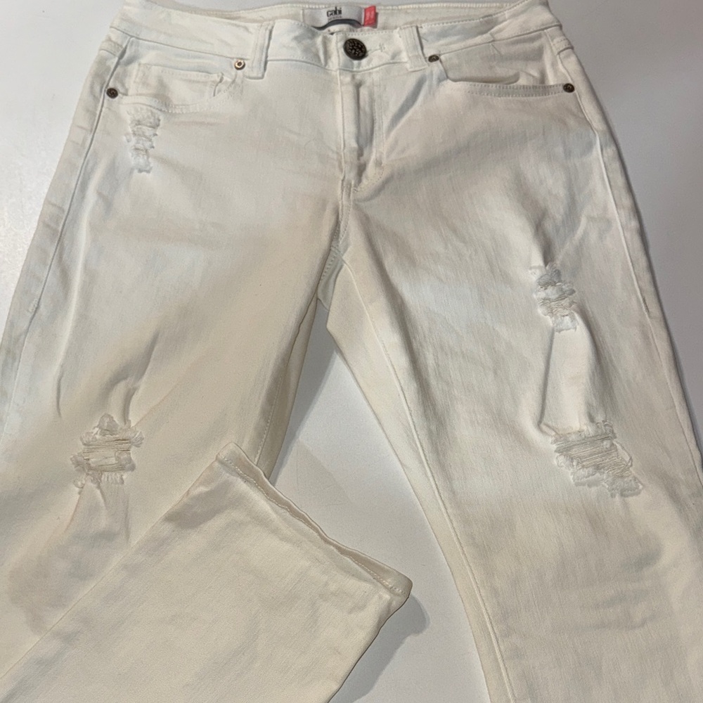 CAbi Chic Off-White Ripped High‎ Rise Slim Jeans Size 6